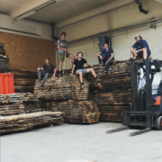 vanouds, amsterdam, team, hout, stammen, heftruck, tom van noesel, gedroogd, opgelat, eiken, iepen, beuken, moeraseiken, licht, scheuren, knoesten, live edge, levend, organisch, rauw, rustiek, schors, bomen